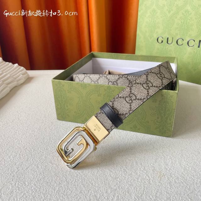 代购级 Gucci 新品 一面经典印花另一面进口原厂小牛皮 搭配可旋转精品铜扣 双面可用 可裁剪 带宽3.0Cm